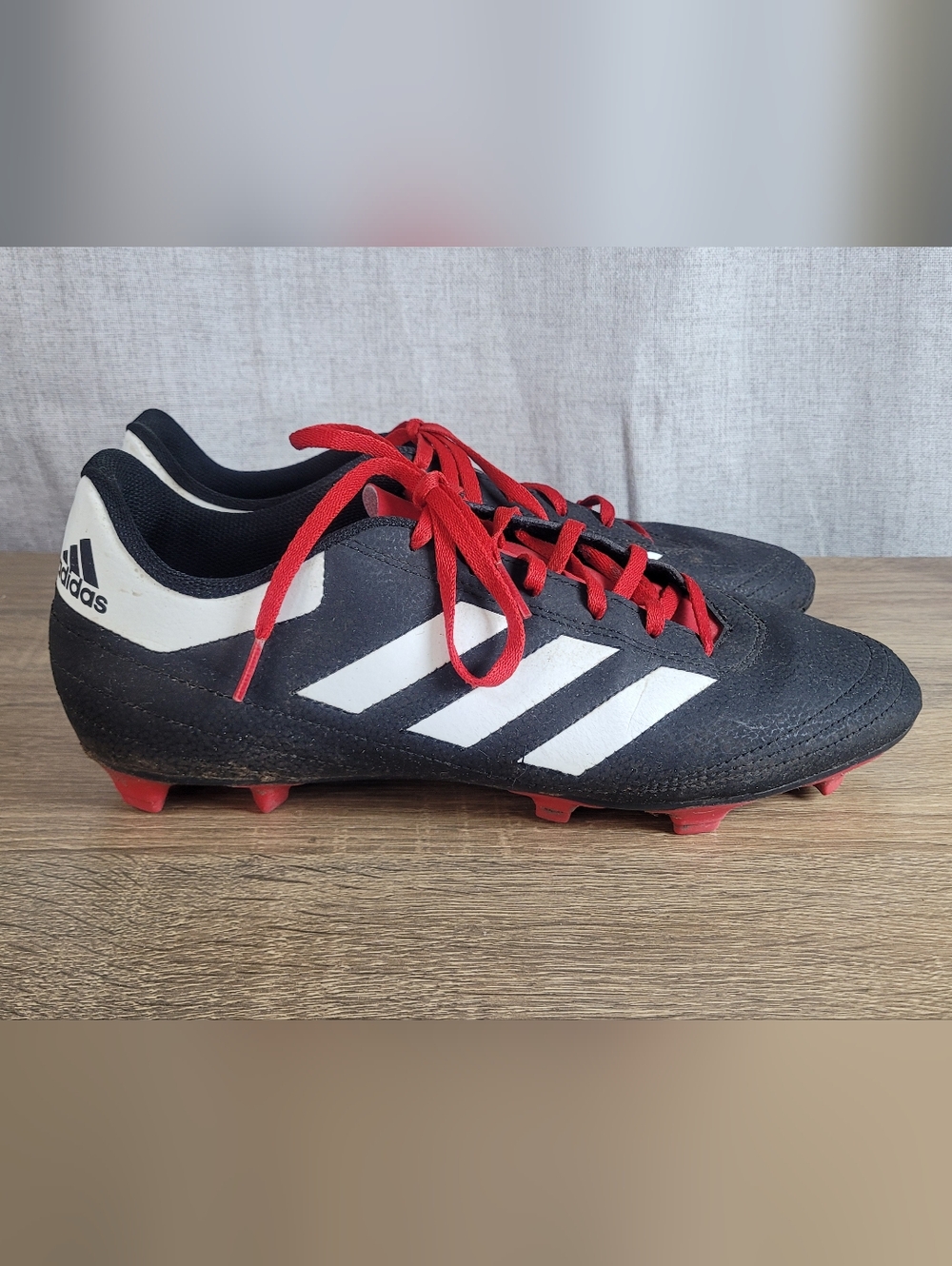 adidas Men’s Black Soccer Cleats with White Stripes and Red Laces Goletto